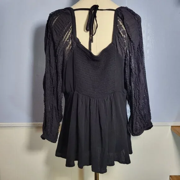 Torrid Size 0 Classic Black Tie V Neck Lace Longsleeve Lightweight Blouse - Picture 2 of 10